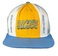 Vintage 1990's UCLA Bruins AJD Lucky Stripe Brand Snapback College Trucker Style Cap Hat. This cap has great color - It does show some toning in areas but has been cleaned. Ucla Bruins, Sports Collectibles, Caps Hats, Collectibles, Media, Sports, Hats, Color