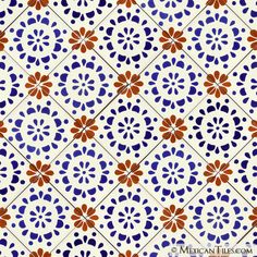 a blue and orange tile pattern with an intricate design in the center, on a white background