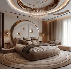 a large bed sitting in the middle of a bedroom next to a round table and chairs