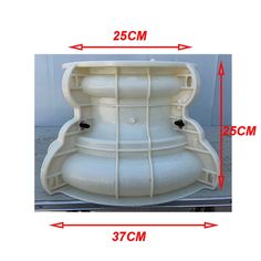 the bottom section of a white plastic container is shown with measurements for each side and width