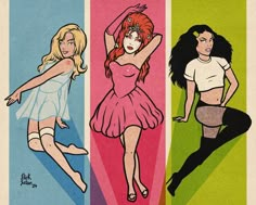 an image of three women in different colored dresses on a strip of paper with the same woman's body