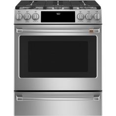 a stainless steel stove with the oven door open and two burners on each side