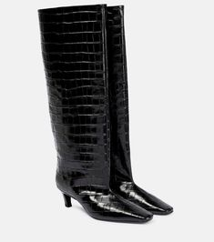 Totême - Croc-effect leather knee-high boots | Mytheresa Knee Length Boots Outfit, Wide Shaft Boots, Boots And Dresses, Knee Thigh Boots, Black Leather Knee High Boots, Small Ideas, Mid Heel Boots, Silver Boots, Fun Shoes