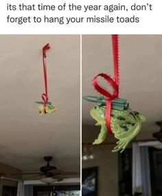 two pictures of a frog hanging from the ceiling with red ribbon on it's head