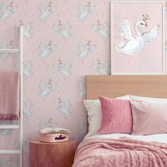 Pink & Gold Swan Peel & Stick Wallpaper - gender_girl, , Pink Swan Nursery, Swan Wallpaper Bathroom, Swan And Ballerina Nursery, Swan Princess Nursery, Pink And Gold Swan Nursery, Nursery Accents, Gold Swan, Nursery Accent Wall, Dreamy Nursery