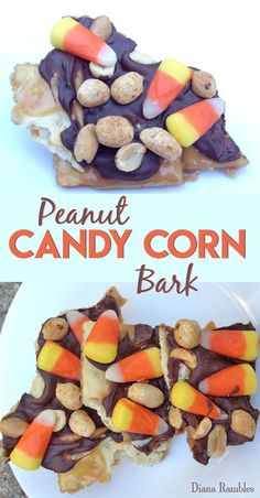 two pictures of candy corn bars on a white plate with the words peanut and candy corn bar