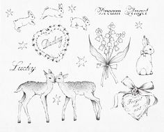 a drawing of some animals and flowers on a white background with words dream angel lucky