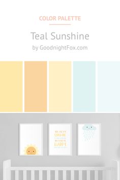 a baby's room with yellow, blue and white colors on the walls is featured in an article titled teal sunshine by goodnightfox com