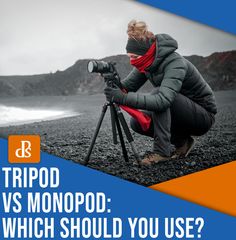 a woman kneeling down to take a photo with a tripod in front of her