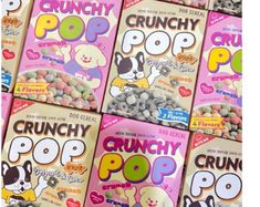 crunchy pop cereals are stacked on top of each other