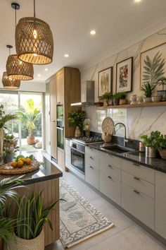 a kitchen filled with lots of counter top space and potted plants on the counters