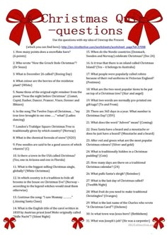 christmas quiz questions with red bows on the top and bottom corner, in white paper