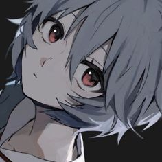 an anime character with grey hair and red eyes looking at the camera while staring into the distance