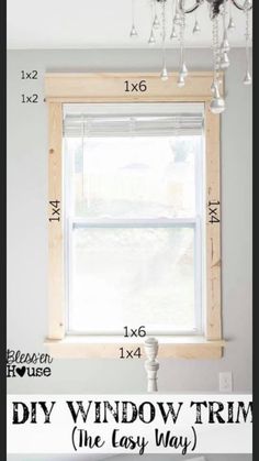 a window frame with measurements for the top and bottom half of it, in front of a