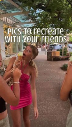 two women eating ice cream and talking to each other in front of a store with the caption pics to recreae with your friends