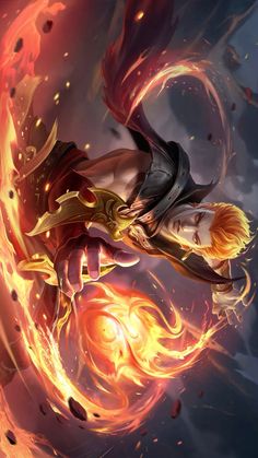 an anime character flying through the air with fire and flames around her, in front of a dark background