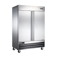 a stainless steel double door refrigerator on wheels