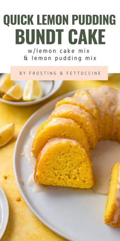 a lemon pudding bundt cake on a white plate