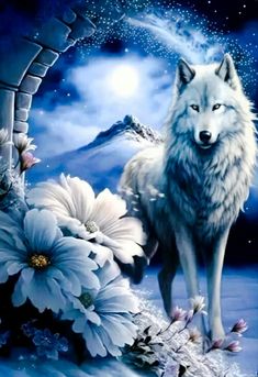 a painting of a wolf standing next to flowers