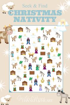 a christmas nativity poster with animals and sheeps