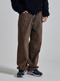 Editor's notesIt is a casual wide fit denim pant. The pant is finished with brown-toned dyeing over black denim fabric to add vintage and unique mood. The pant has metal button and rivet that is matched with the fabric.- Wide fit- Button, zipper closure- Side pockets- Back pocketsMeasurements(in.)S / M / L- Length: 42.1 in. / 42.5 in. / 42.9 in.- Waist: 15.4 in. / 16.1 in. / 16.9 in.- Thigh: 13.4 in. / 13.8 in. / 14.2 in.- Rise: 11.4 in. / 11.8 in. / 12.2 in.- Hem: 9.1 in. / 9.4 in. / 9.8 in.*Mo Streetwear Washed Black Bottoms With Button Closure, Washed Black Bottoms With Button Closure For Streetwear, Baggy Brown Jeans With Five Pockets, Distressed Brown Bottoms For Fall, Brown Relaxed Fit Straight Leg Jeans, Brown Jeans With Belt Loops For Streetwear, Casual Washed Brown Bottoms, Casual Brown Washed Bottoms, Brown Relaxed Fit Wide Leg Jeans