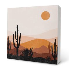 a desert scene with cacti and the sun in the sky above it, on a white background