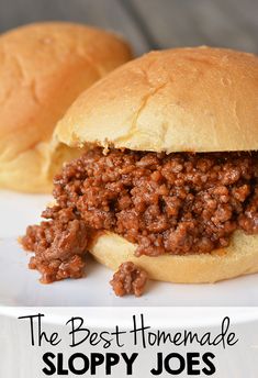 two sloppy joes on a plate with the words, the best homemade sloppy joes