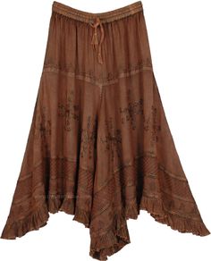 A renfaire aesthetic brown skirt with soft fabric, amazing quality, and a renaissance high low design! This western country maxi skirt in rayon is highlighted by fine embroidery and a georgette flared panel on the hem. It is stitched in layers that become fuller with each tier, each tier has an individual embroidered design with a ruffled handkerchief bottom style. #tlb #Embroidered #XLPlus #Misses #HighLow #Handkerchief #cuntrycoreskirt #forestcore Brown Asymmetrical Maxi Skirt For Spring, Bohemian Brown Skirt For Fall, Fall Bohemian Brown Skirt, Brown Bottoms For Spring Festival, Bohemian High-low Hem Flowy Maxi Skirt, Bohemian High-low Maxi Skirt, Fitted Wide Leg Brown Maxi Skirt, Vintage Brown Bottoms For Festival, Spring Bohemian Maxi Skirt With Handkerchief Hem