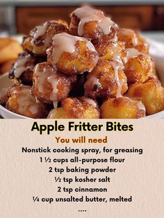 a recipe for apple fritter bites is shown in this advertiser's image