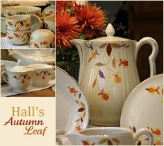 an autumn leaf themed tea set is shown