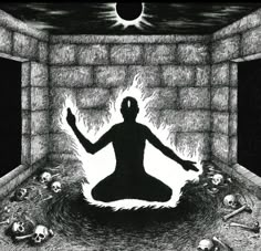 a drawing of a man meditating in a room with skulls and bones around him