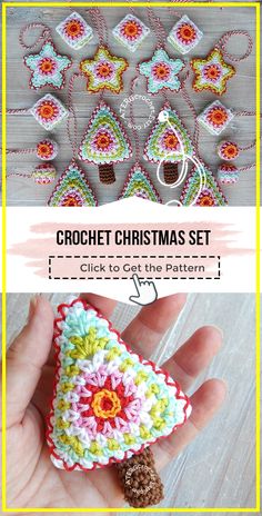 the crochet christmas set is shown with instructions to make it look like an ornament