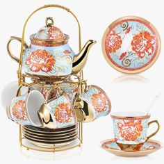 the tea set is decorated with colorful flowers