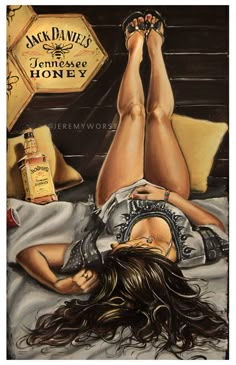 a painting of a woman laying on top of a bed next to a bottle of honey