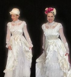 two women dressed in white dresses and hats, one wearing a dress with long sleeves