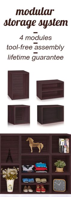 an advertisement for modular storage system with four wooden shelves and three different types of shoes