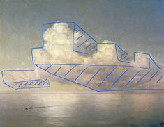 a painting with blue lines on it and clouds in the sky over water behind it