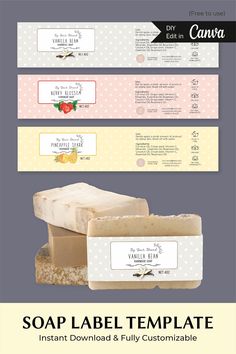 soap label template with three different labels on the front and back of each package,