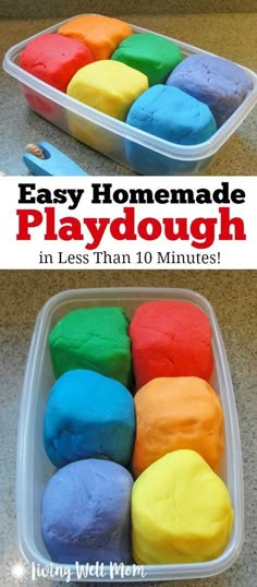 homemade playdoughs in plastic containers with the title easy homemade playdough in less than 10 minutes