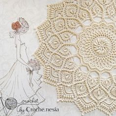 a crocheted doily with an image of a woman in a white dress