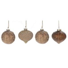 four glass ornaments hanging from hooks on a white background