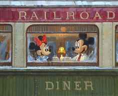 two mickey and minnie mouses are seen through the window of a diner in disney's railroad car