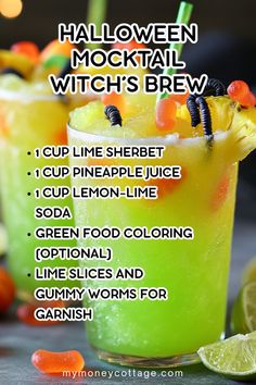 halloween cocktail recipe with lime, pineapple juice and soury worms for garnish