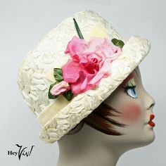 Vintage Shiny Ivory White Raffia Straw Hat w Blooming Pink Rose - Hey Viv ! Special Feature: This stylish ivory white hat is perfect for a Sunday or a Garden Party.  Material: shiny woven raffia, fabric flower on a velvet ribbon Measurement:  Inside circumference: 22" Height: 5" Tag: no tag EP-22-0418-03 ********  Thanks for stopping by :) and shopping at a Small US Based Business Please contact me if you have any questions or need assistance. Hey Viv ! Retro & Vintage Clothing on eBay "Vintage Vintage Garden Party, Raffia Bucket Hat, Vintage Straw Hat, Vintage Garden Parties, Cloche Hats, 1950’s Fashion, Vintage Style Hat, Whimsical Jewelry, Classic Hats