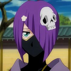 an anime character with purple hair and a skull on his head wearing a black mask