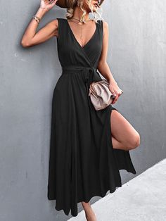 Outfits Broad Shoulders, Side Split Dress, Long Party Dress, Street Dress, Surplice Dress, Broad Shoulders, Dress Women Elegant, Boho Floral Dress, Split Dress