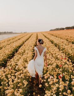 a woman in a white dress is walking through a field with yellow and red flowers