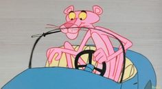 the pink panther is driving in his car