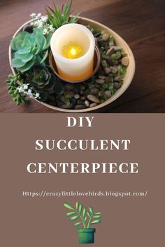 a candle and succulent centerpiece with text overlay that reads diy succulent centerpiece