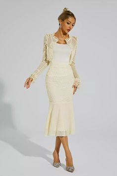 Elegant Fitted Two-piece Spring Dress, Elegant Evening Two-piece Dress, Formal Fitted Lace Sets, Elegant White Two-piece Dress, Elegant Long Sleeve Fitted Two-piece Dress, Elegant White Two-piece Wedding Dress, Elegant Lace Sets, Elegant Two-piece Party Dress, Evening Lace Fitted Sets